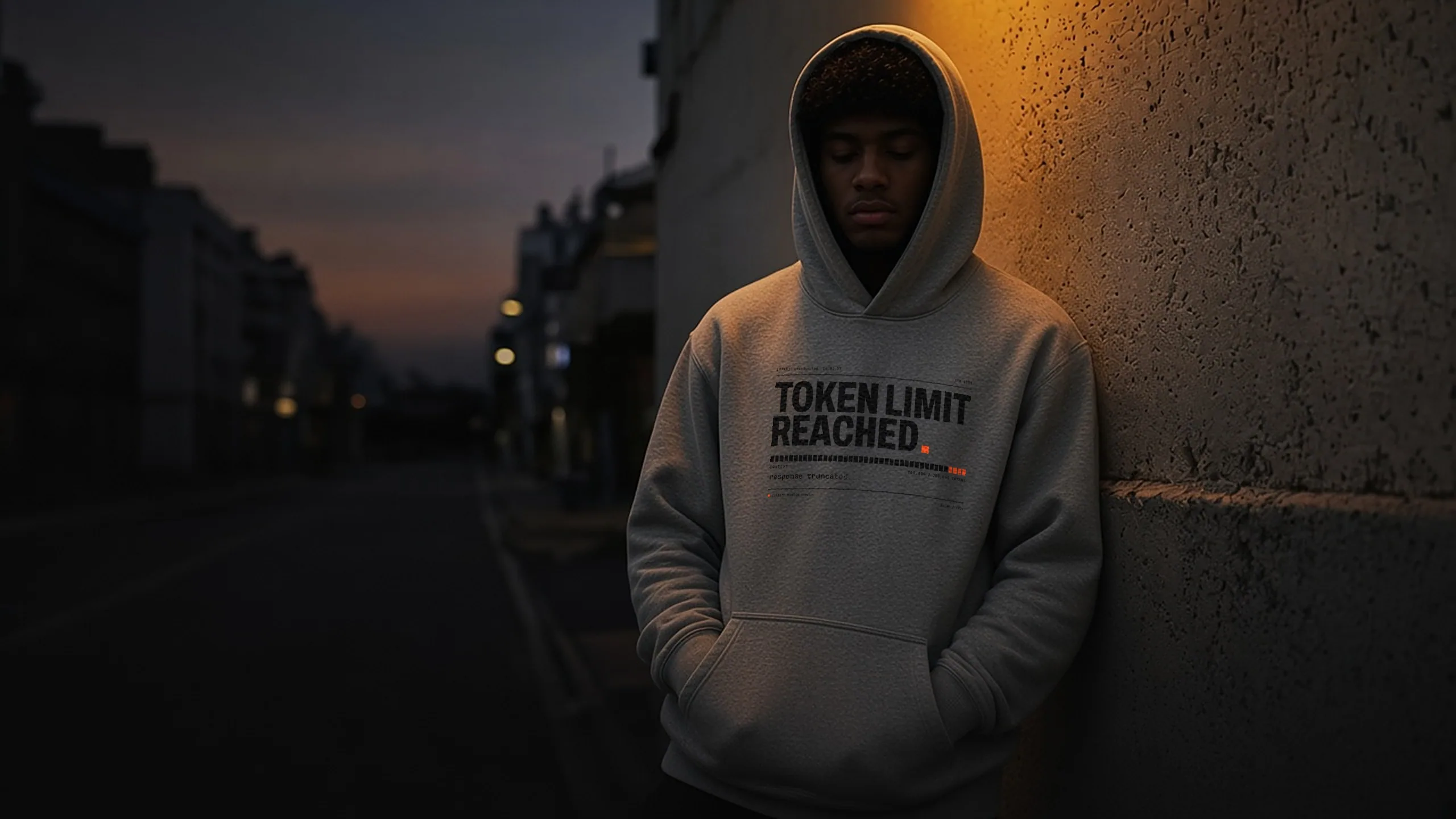 AI-generated render of a person in the Token Limit Reached Hoodie, Heather Grey, front print reading TOKEN LIMIT REACHED, leaning on a wall at dusk.