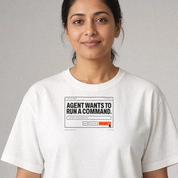 AI-generated render of The Agent Asked Tee in White on a model, front view: front print of a permission dialog reading AGENT WANTS TO RUN A COMMAND, with the cursor on ALLOW ALWAYS.