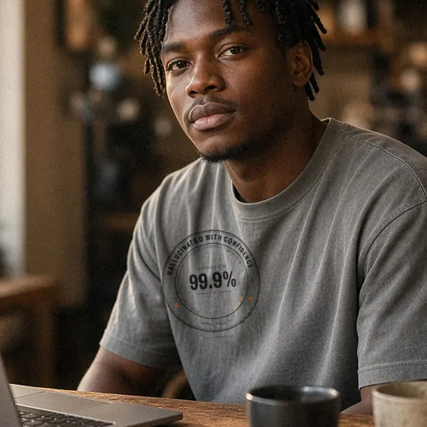 AI-generated render of the Hallucinated With Confidence Tee in Grey on a model, front view: front seal print reading HALLUCINATED WITH CONFIDENCE around a 99.9% score.